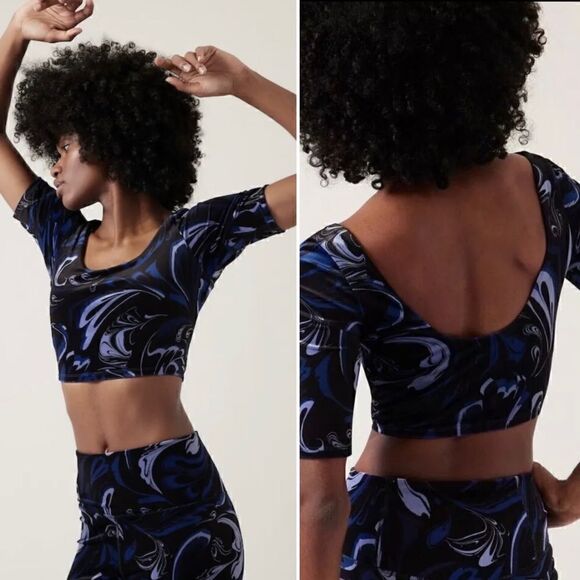 Athleta Exhilarate Workout Velvet Crop Top A-C Size Large Blue/Black NWT $79 - Picture 4 of 6
